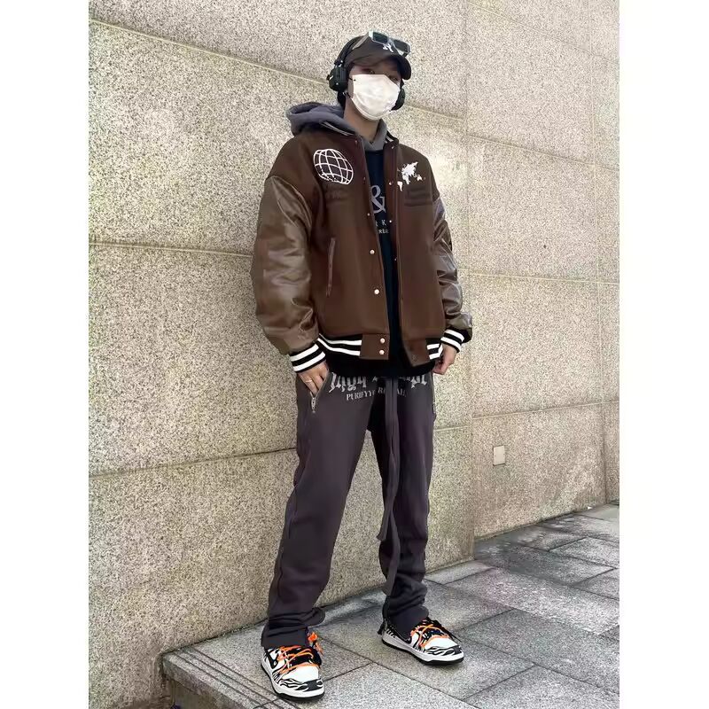 Bomber Jacket American Vintage Embroidered Baseball Uniform Men's Vibe Japanese Loose White Flocking Stitching Varsity Jacket
